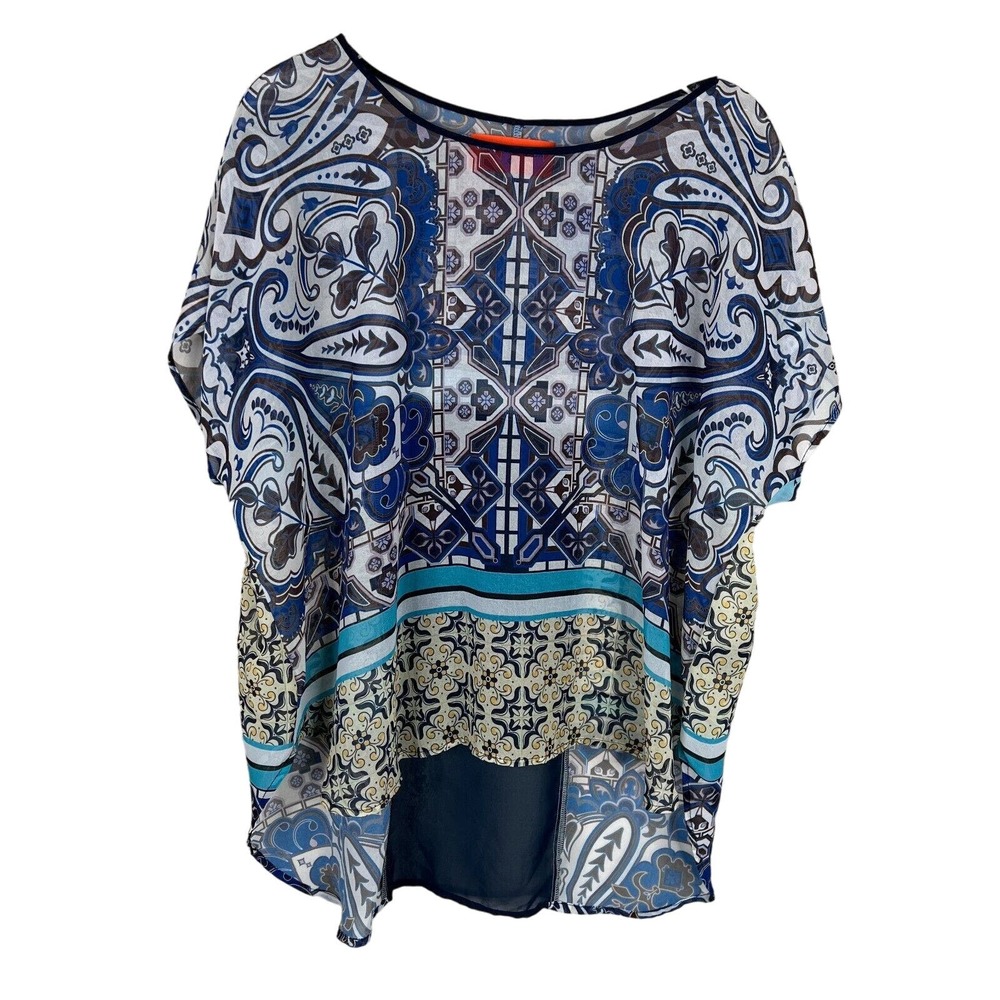 Clover Canyon Blouse XS Multicolor Artsy Print Cap Sleeve Hi Low Sheer Top‎